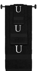 Black monogrammed towel set with Silver thread, Times New Roman font, initial U - 540 GSM cotton 3-piece
