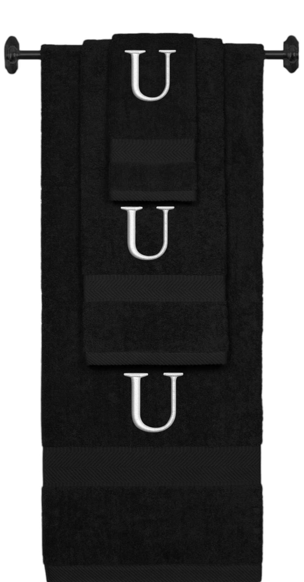 Black monogrammed towel set with Silver thread, Times New Roman font, initial U - 540 GSM cotton 3-piece