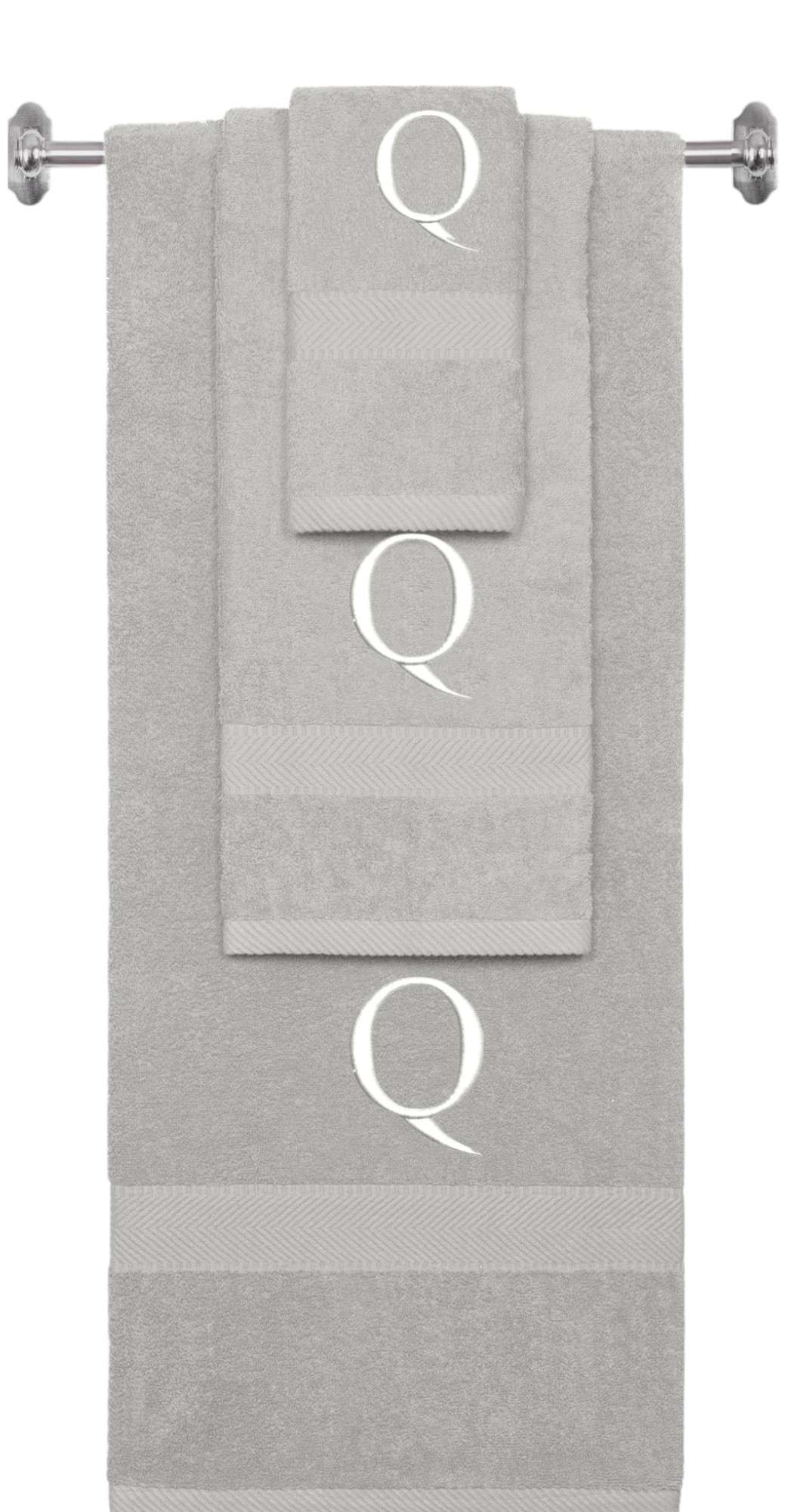 Silver monogrammed towel set with White thread, Times New Roman font, initial Q - 540 GSM cotton 3-piece