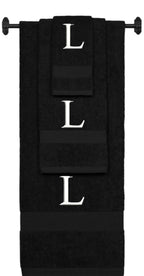 Black monogrammed towel set with White thread, Times New Roman font, initial L - 540 GSM cotton 3-piece