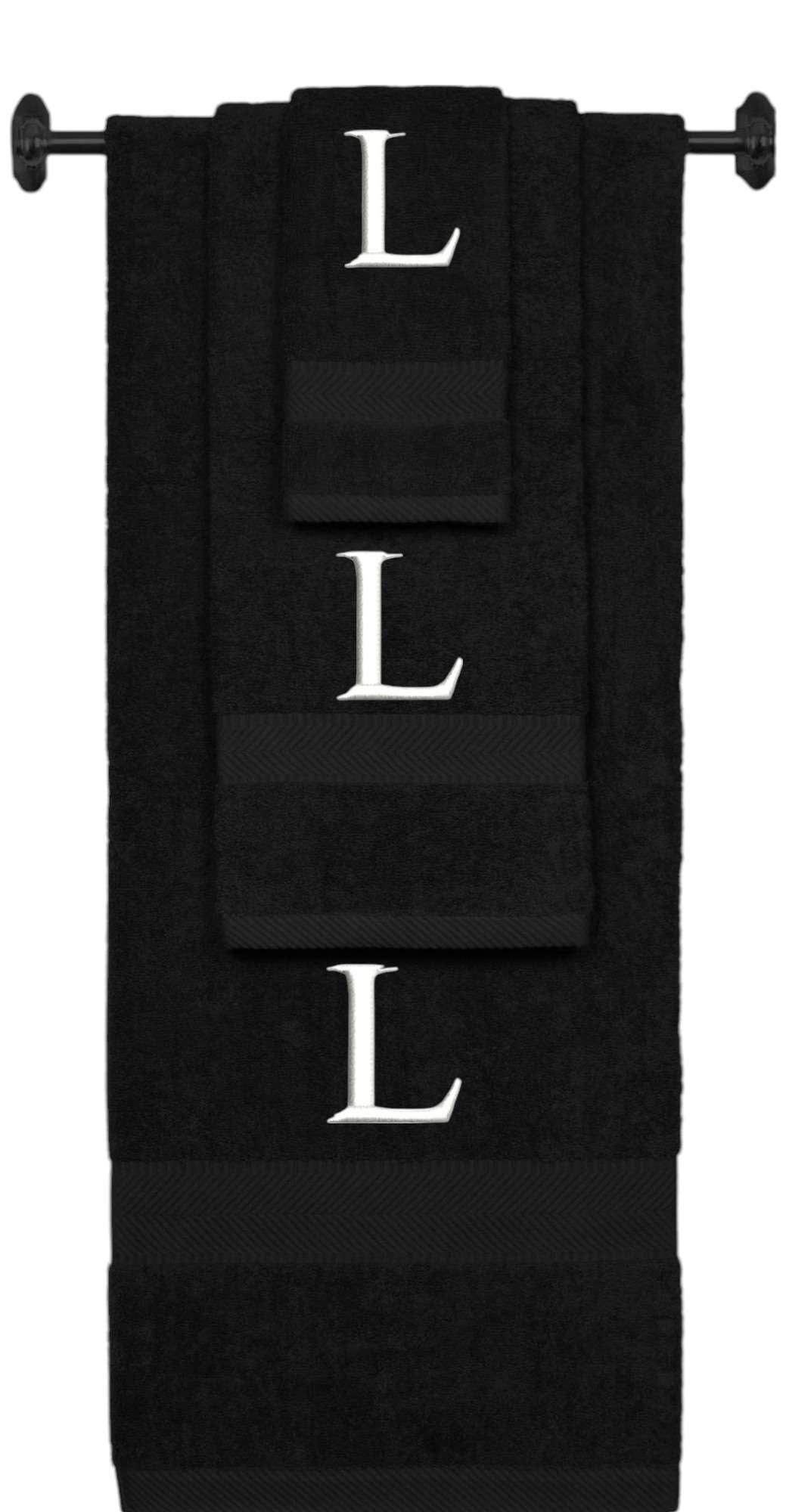 Black monogrammed towel set with White thread, Times New Roman font, initial L - 540 GSM cotton 3-piece
