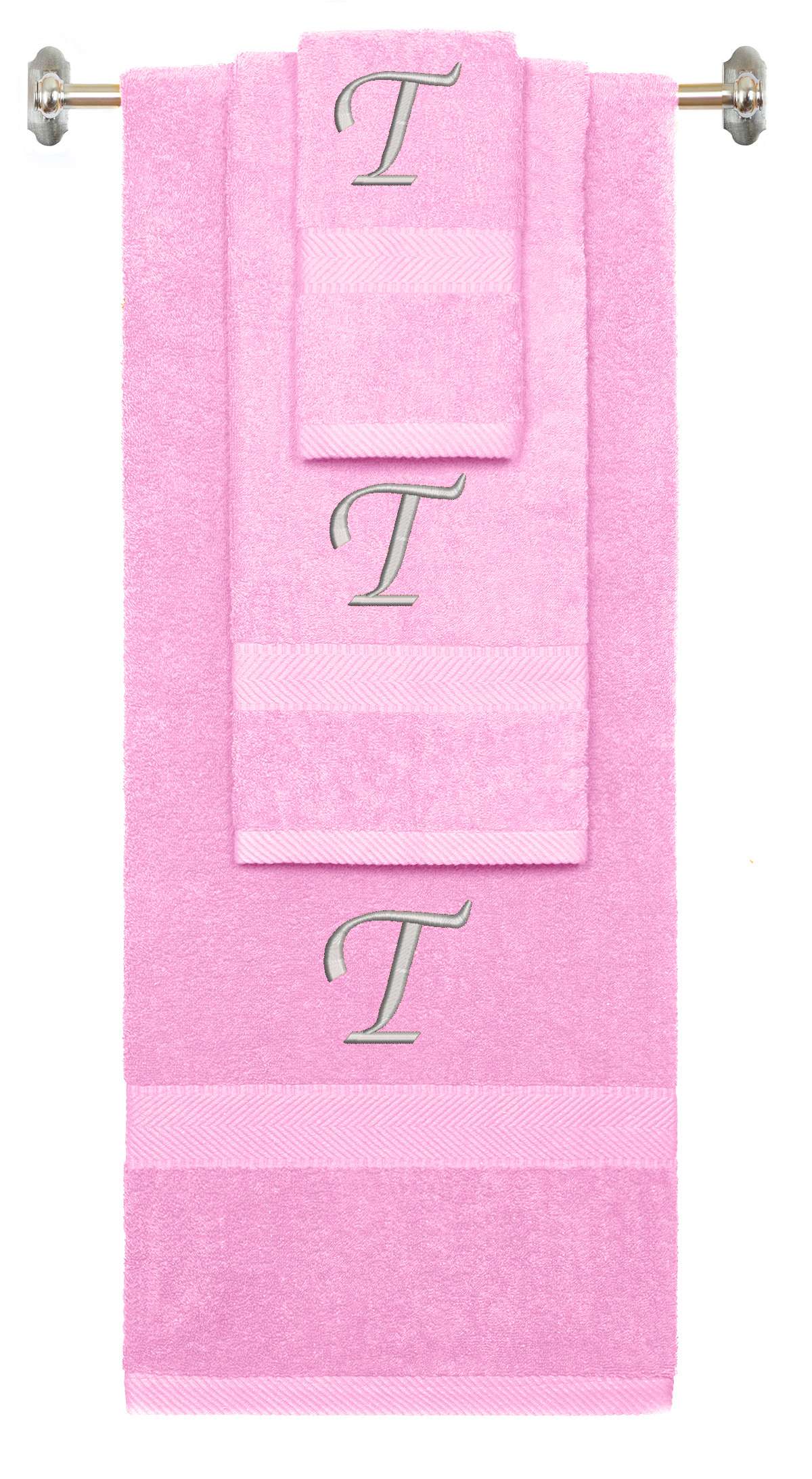 Pink monogrammed towel set with Silver thread, Chancery font, initial T - 540 GSM cotton 3-piece