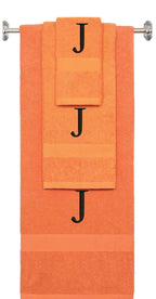 Orange monogrammed towel set with Black thread, Times New Roman font, initial J - 540 GSM cotton 3-piece
