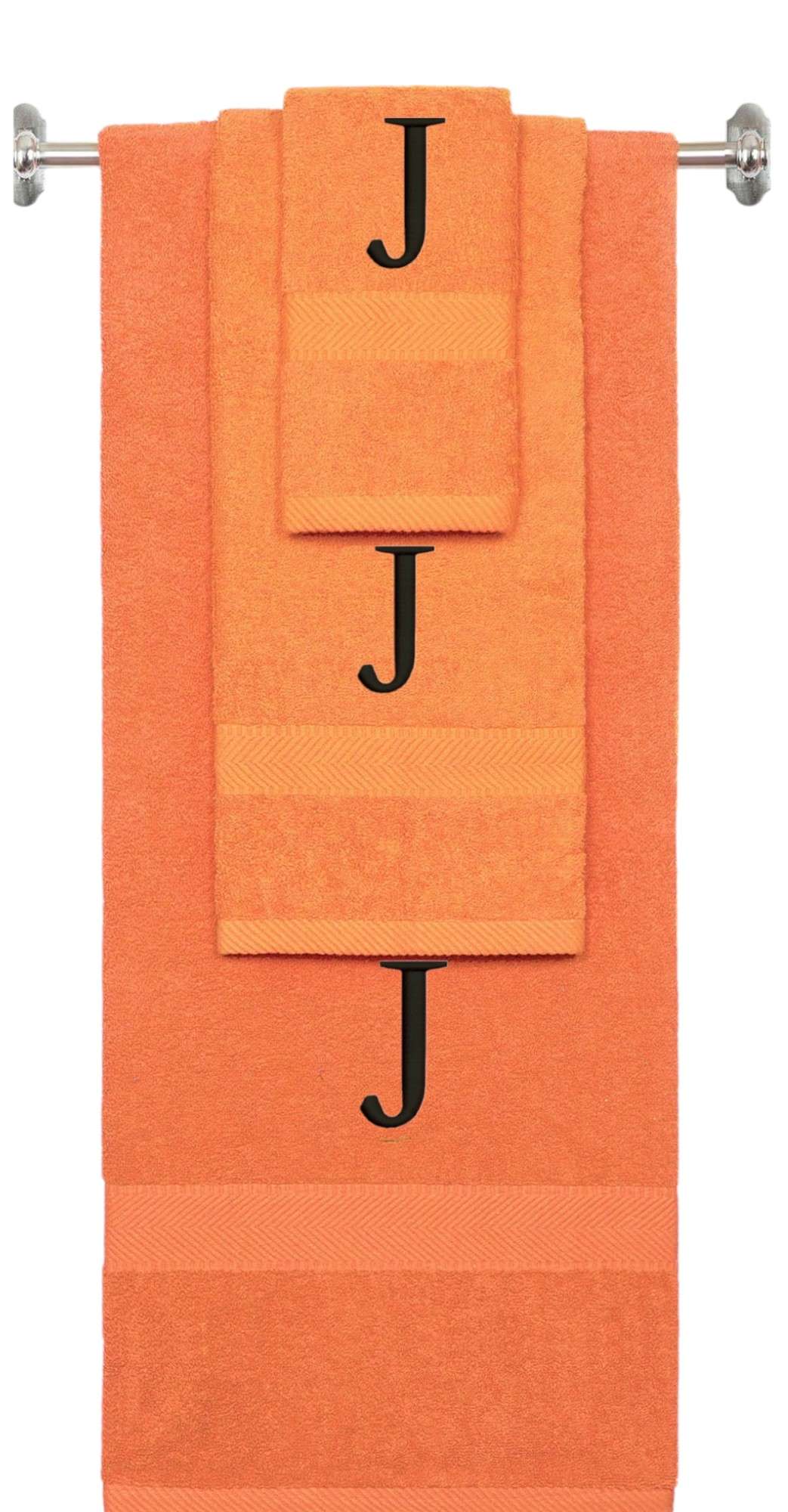 Orange monogrammed towel set with Black thread, Times New Roman font, initial J - 540 GSM cotton 3-piece
