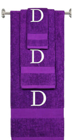 Purple monogrammed towel set with White thread, Times New Roman font, initial D - 540 GSM cotton 3-piece
