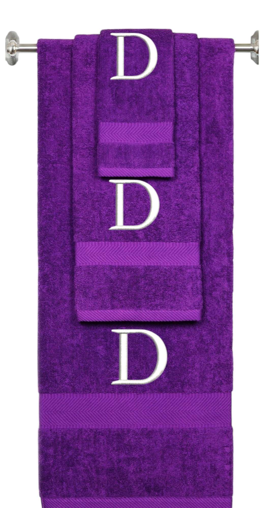 Purple monogrammed towel set with White thread, Times New Roman font, initial D - 540 GSM cotton 3-piece
