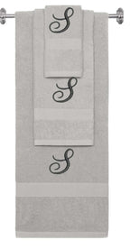 Silver monogrammed towel set with Black thread, Diana Script font, initial S - 540 GSM cotton 3-piece
