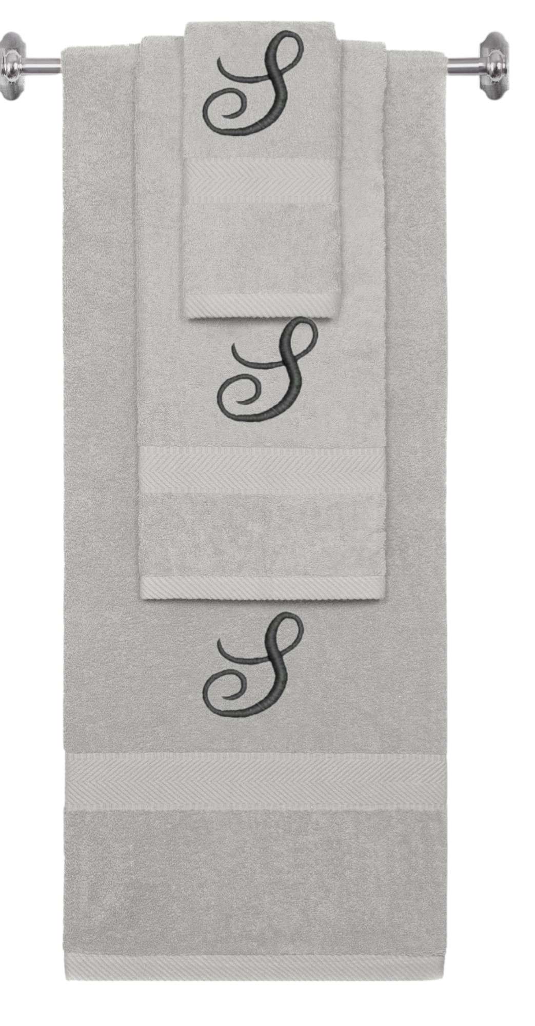 Silver monogrammed towel set with Black thread, Diana Script font, initial S - 540 GSM cotton 3-piece