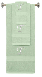Mint Green monogrammed towel set with White thread, Chancery font, initial T - 540 GSM cotton 3-piece