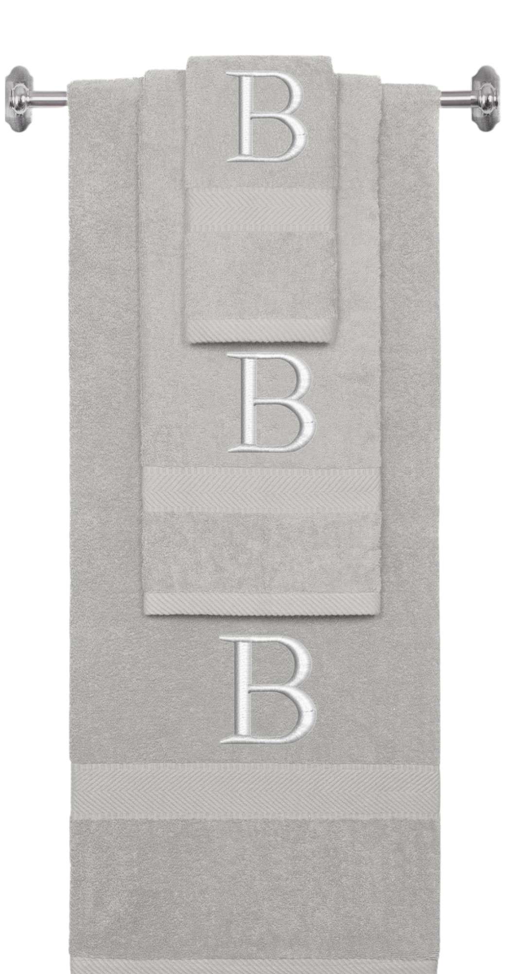 Silver monogrammed towel set with Silver thread, Times New Roman font, initial B - 540 GSM cotton 3-piece