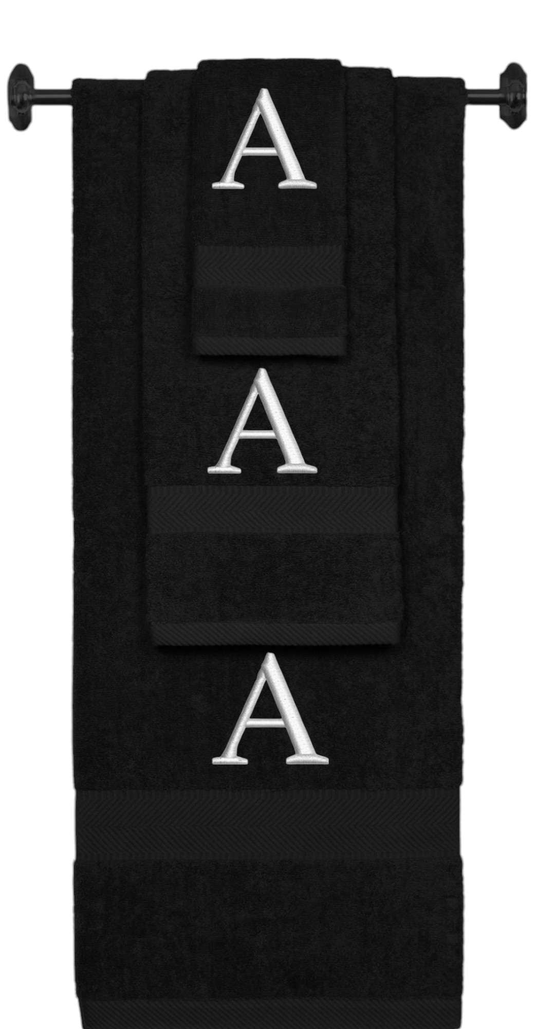 Black monogrammed towel set with Silver thread, Times New Roman font, initial A - 540 GSM cotton 3-piece
