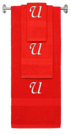 Red monogrammed towel set with Silver thread, Chancery font, initial U - 540 GSM cotton 3-piece