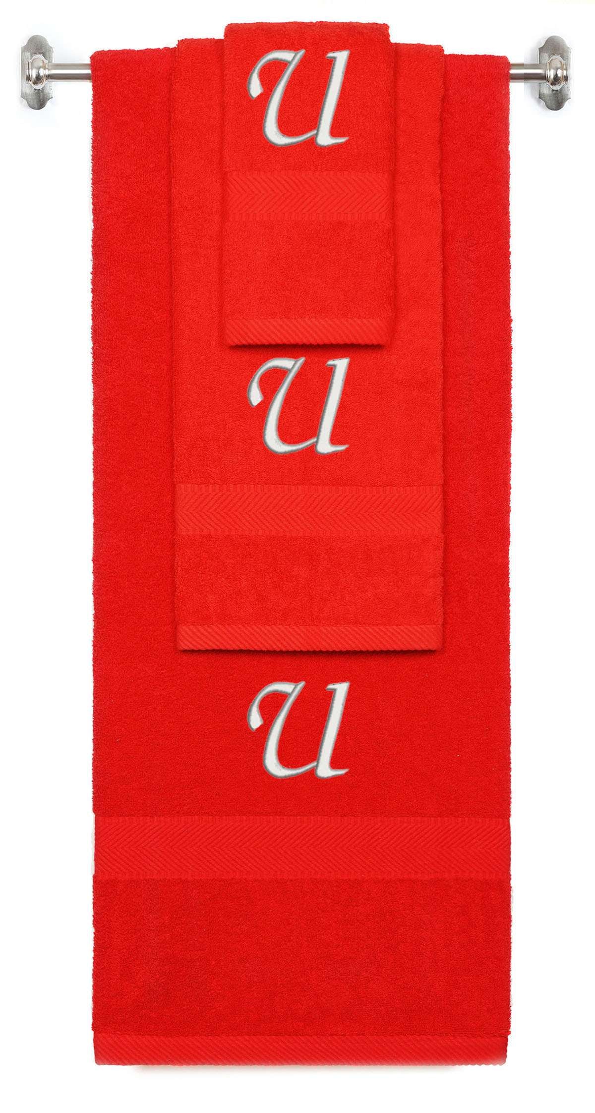 Red monogrammed towel set with Silver thread, Chancery font, initial U - 540 GSM cotton 3-piece