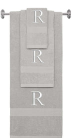 Silver monogrammed towel set with Silver thread, Times New Roman font, initial R - 540 GSM cotton 3-piece