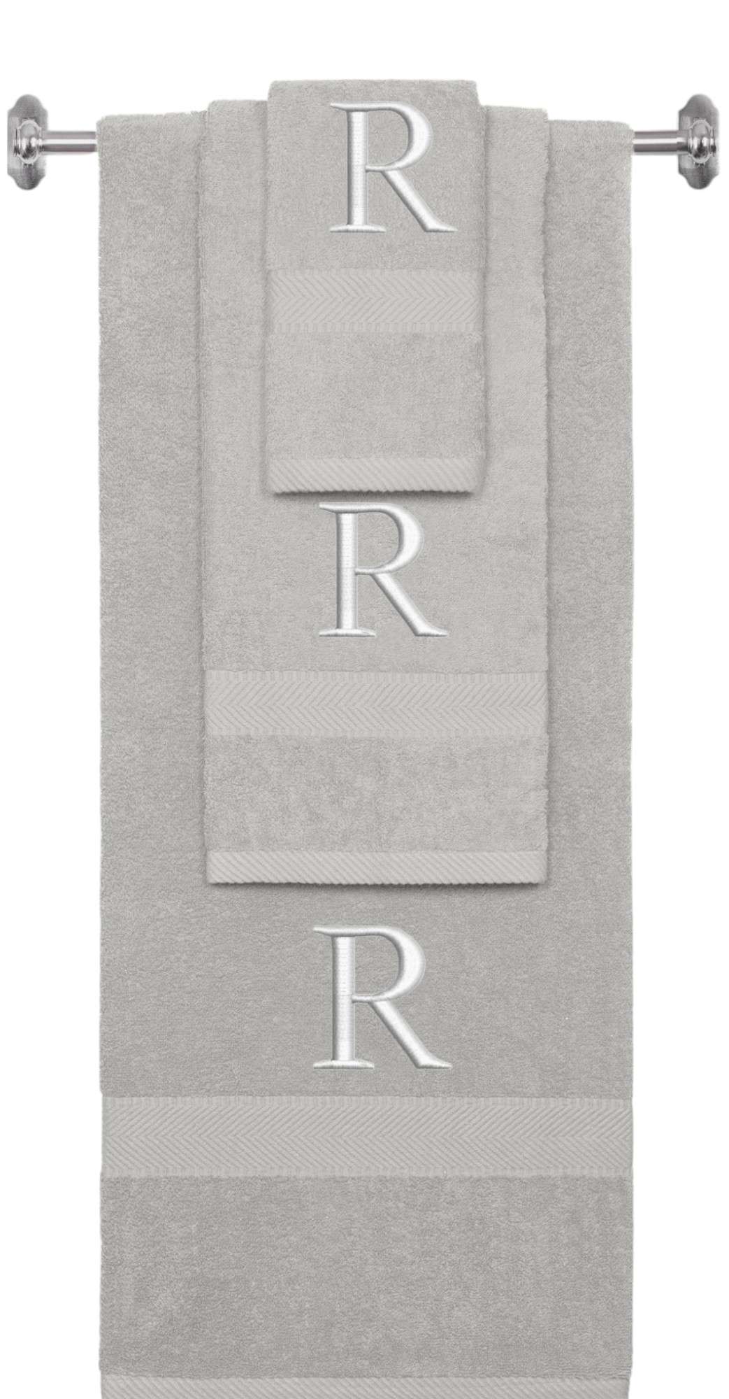 Silver monogrammed towel set with Silver thread, Times New Roman font, initial R - 540 GSM cotton 3-piece