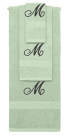 Mint Green monogrammed towel set with Black thread, Diana Script font, initial M - 540 GSM cotton 3-piece