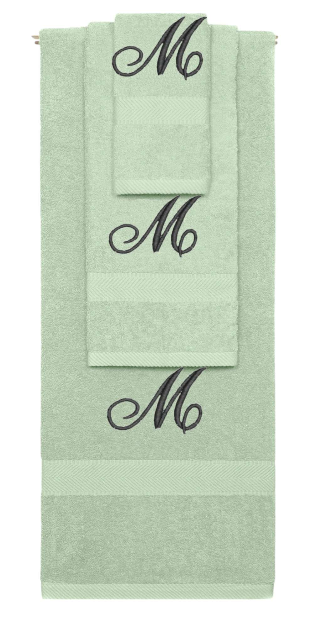 Mint Green monogrammed towel set with Black thread, Diana Script font, initial M - 540 GSM cotton 3-piece