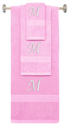 Pink monogrammed towel set with White thread, Chancery font, initial M - 540 GSM cotton 3-piece