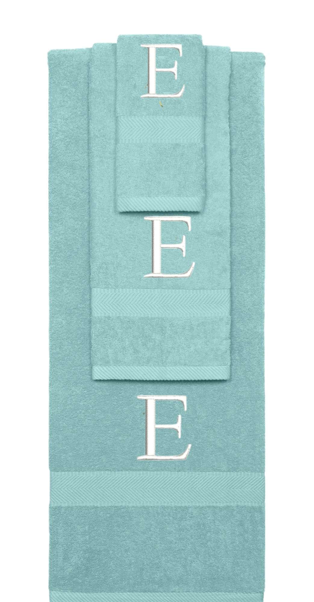 Nautical Teal monogrammed towel set with White thread, Times New Roman font, initial E - 540 GSM cotton 3-piece