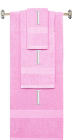Pink monogrammed towel set with White thread, Times New Roman font, initial I - 540 GSM cotton 3-piece