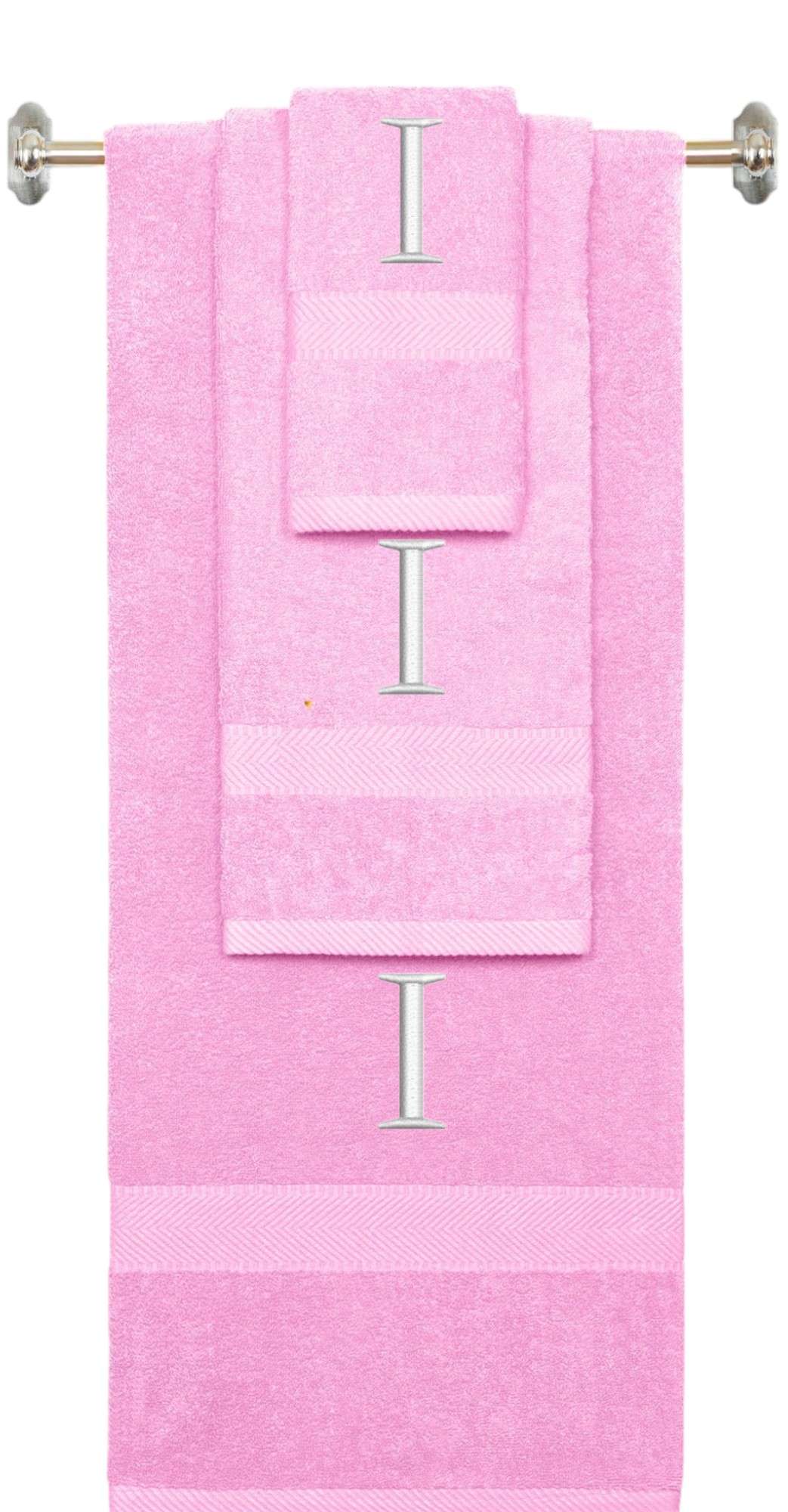 Pink monogrammed towel set with White thread, Times New Roman font, initial I - 540 GSM cotton 3-piece
