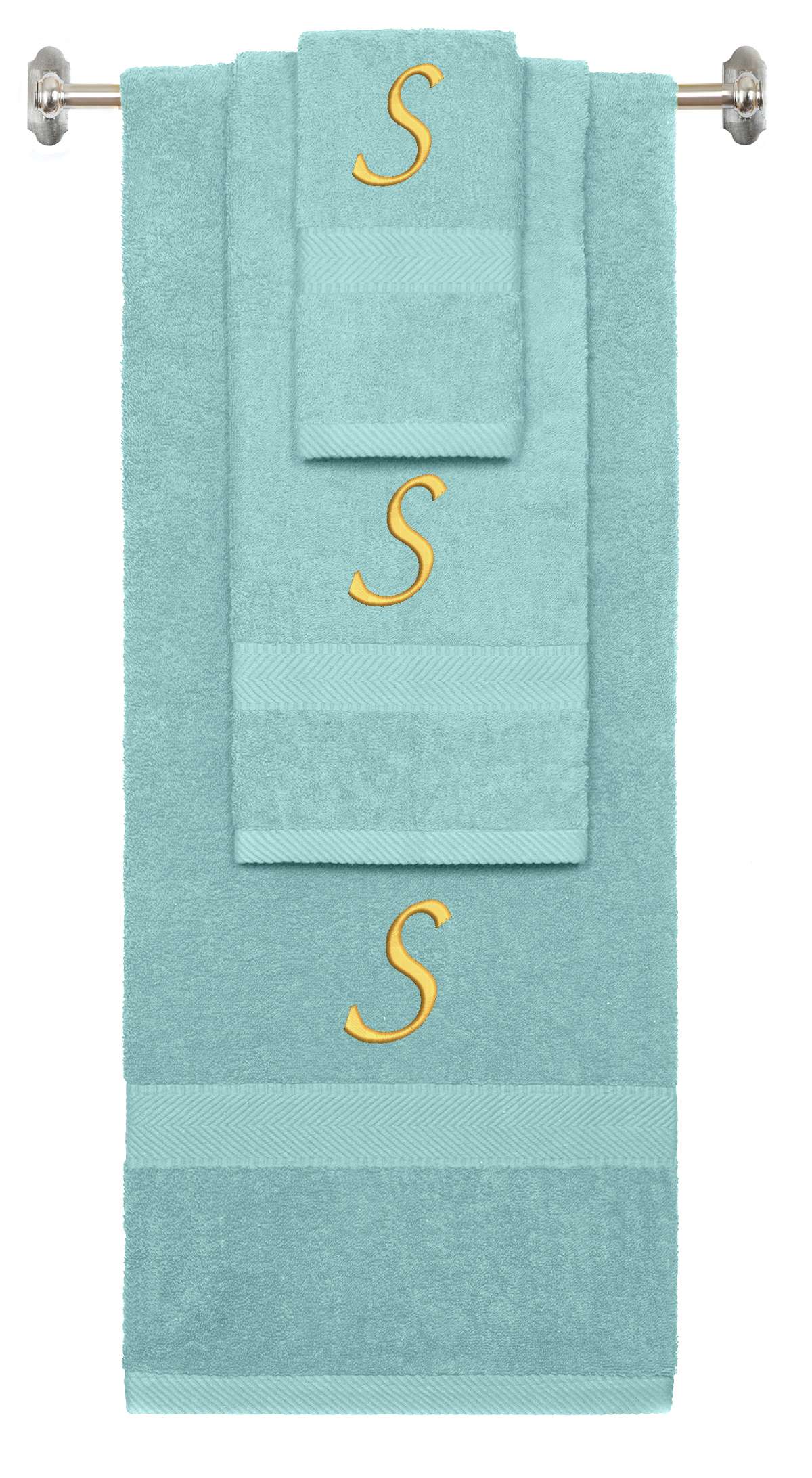 Nautical Teal monogrammed towel set with Gold thread, Chancery font, initial S - 540 GSM cotton 3-piece