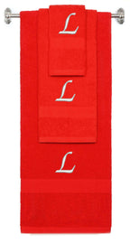 Red monogrammed towel set with Silver thread, Chancery font, initial L - 540 GSM cotton 3-piece