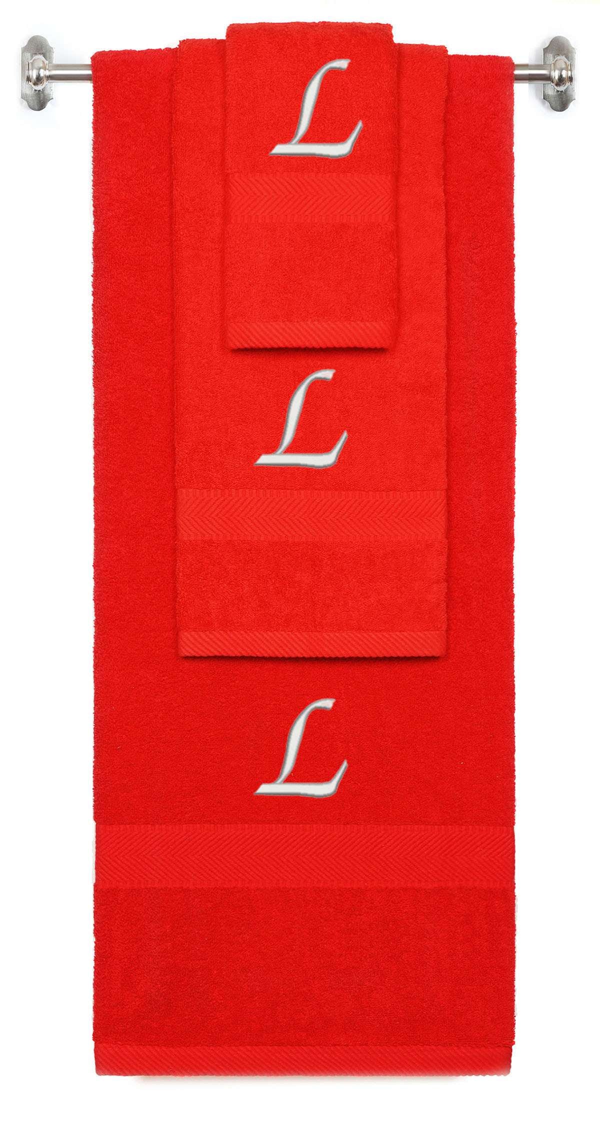 Red monogrammed towel set with Silver thread, Chancery font, initial L - 540 GSM cotton 3-piece