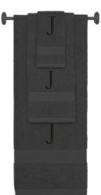 Charcoal monogrammed towel set with Black thread, Times New Roman font, initial J - 540 GSM cotton 3-piece