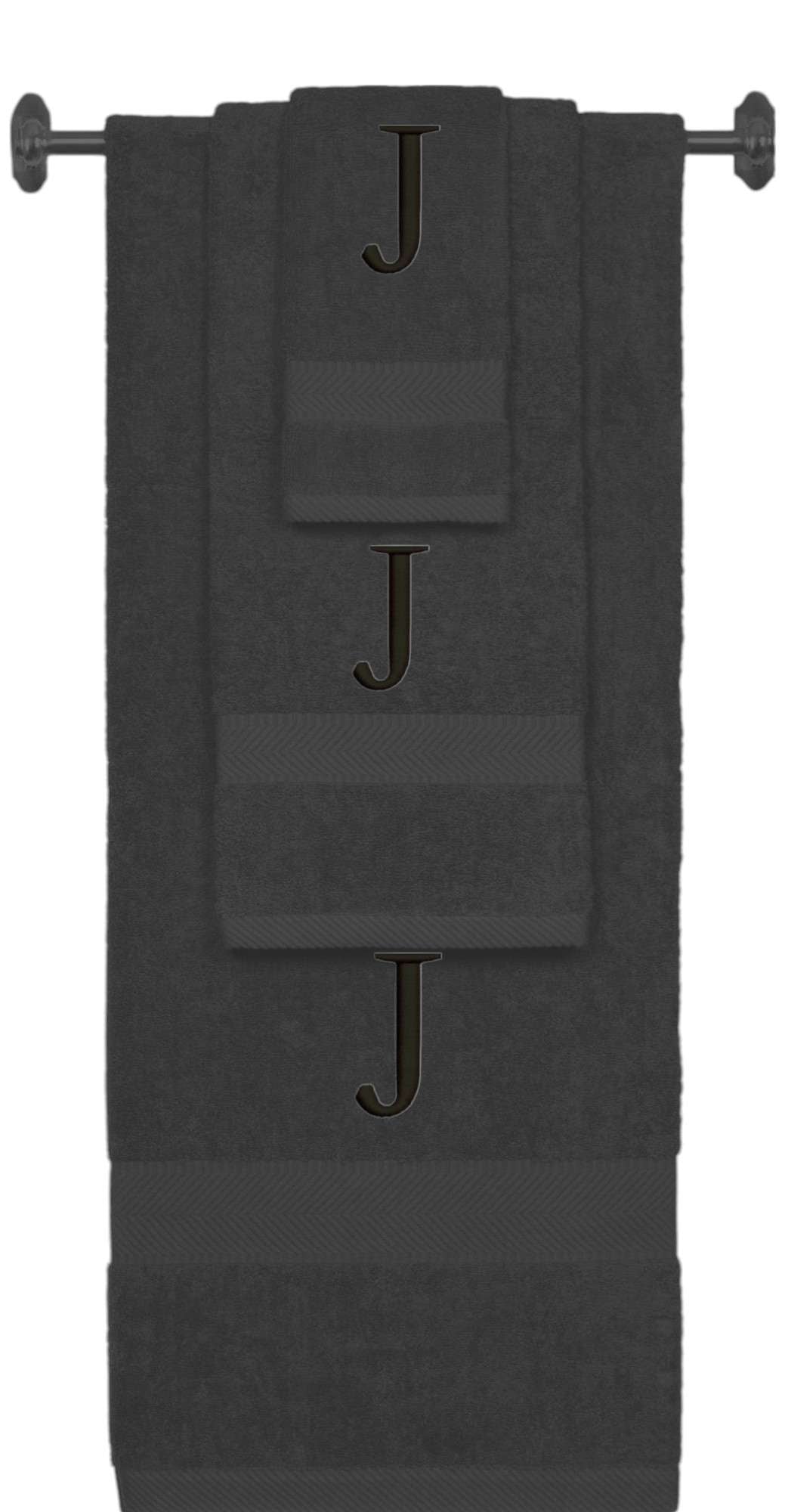 Charcoal monogrammed towel set with Black thread, Times New Roman font, initial J - 540 GSM cotton 3-piece