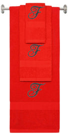 Red monogrammed towel set with Black thread, Diana Script font, initial F - 540 GSM cotton 3-piece