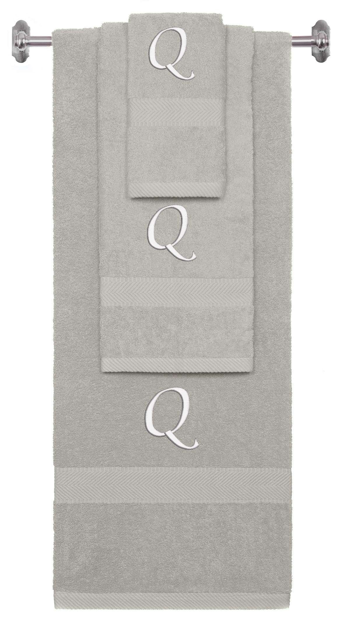 Silver monogrammed towel set with White thread, Chancery font, initial Q - 540 GSM cotton 3-piece