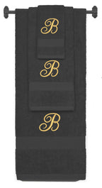 Charcoal monogrammed towel set with Gold thread, Diana Script font, initial B - 540 GSM cotton 3-piece
