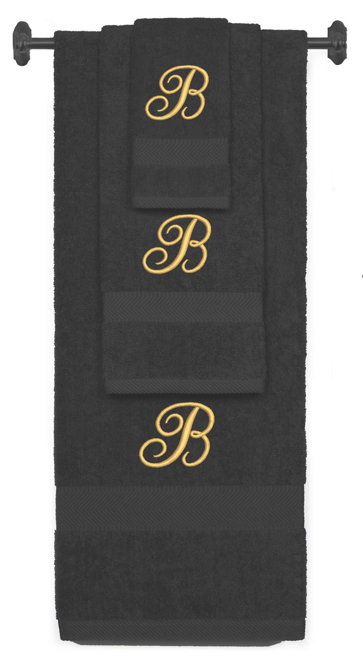 Charcoal monogrammed towel set with Gold thread, Diana Script font, initial B - 540 GSM cotton 3-piece