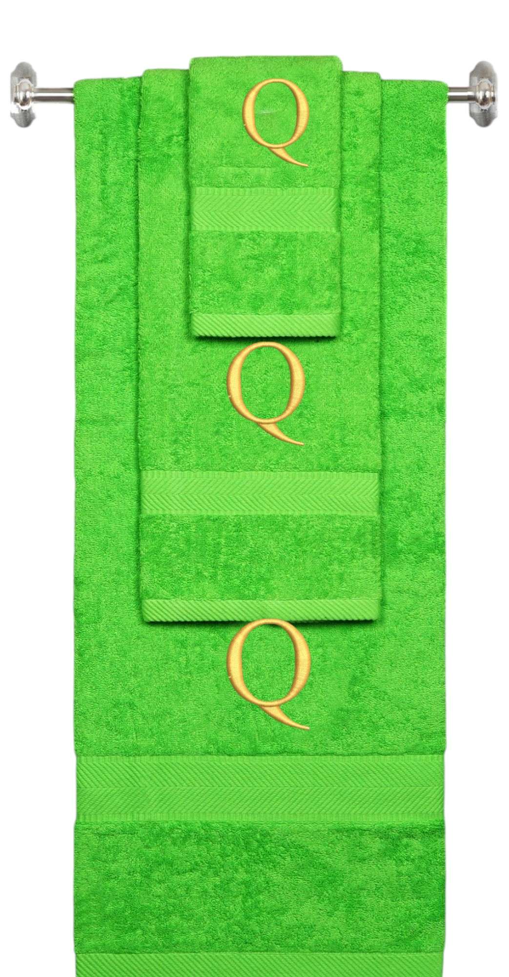 Lime monogrammed towel set with Gold thread, Times New Roman font, initial Q - 540 GSM cotton 3-piece