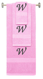 Pink monogrammed towel set with Black thread, Chancery font, initial W - 540 GSM cotton 3-piece