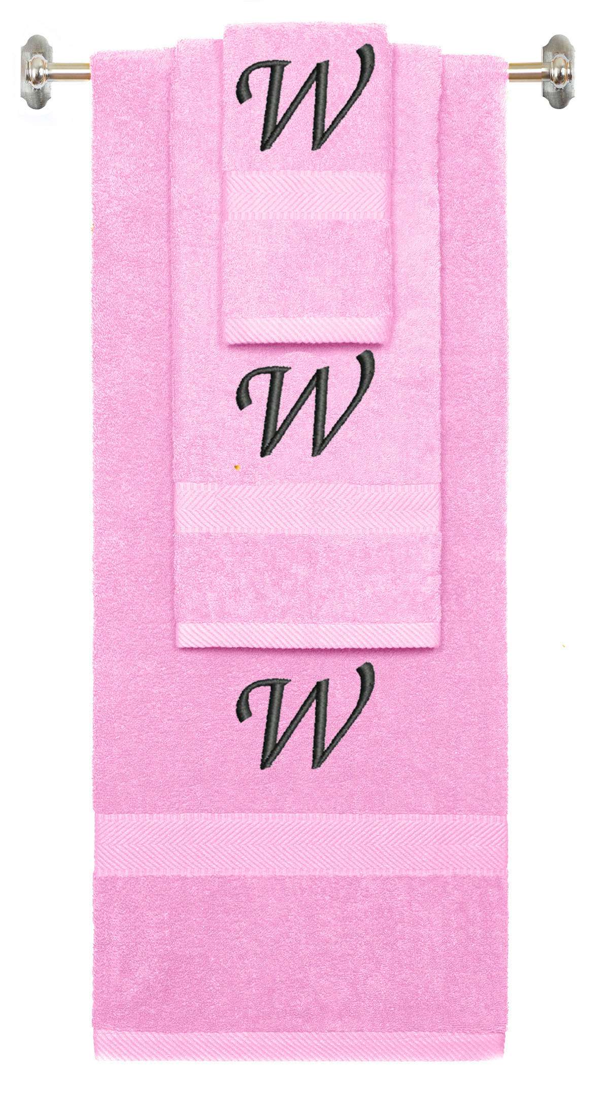 Pink monogrammed towel set with Black thread, Chancery font, initial W - 540 GSM cotton 3-piece