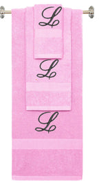 Pink monogrammed towel set with Black thread, Diana Script font, initial L - 540 GSM cotton 3-piece