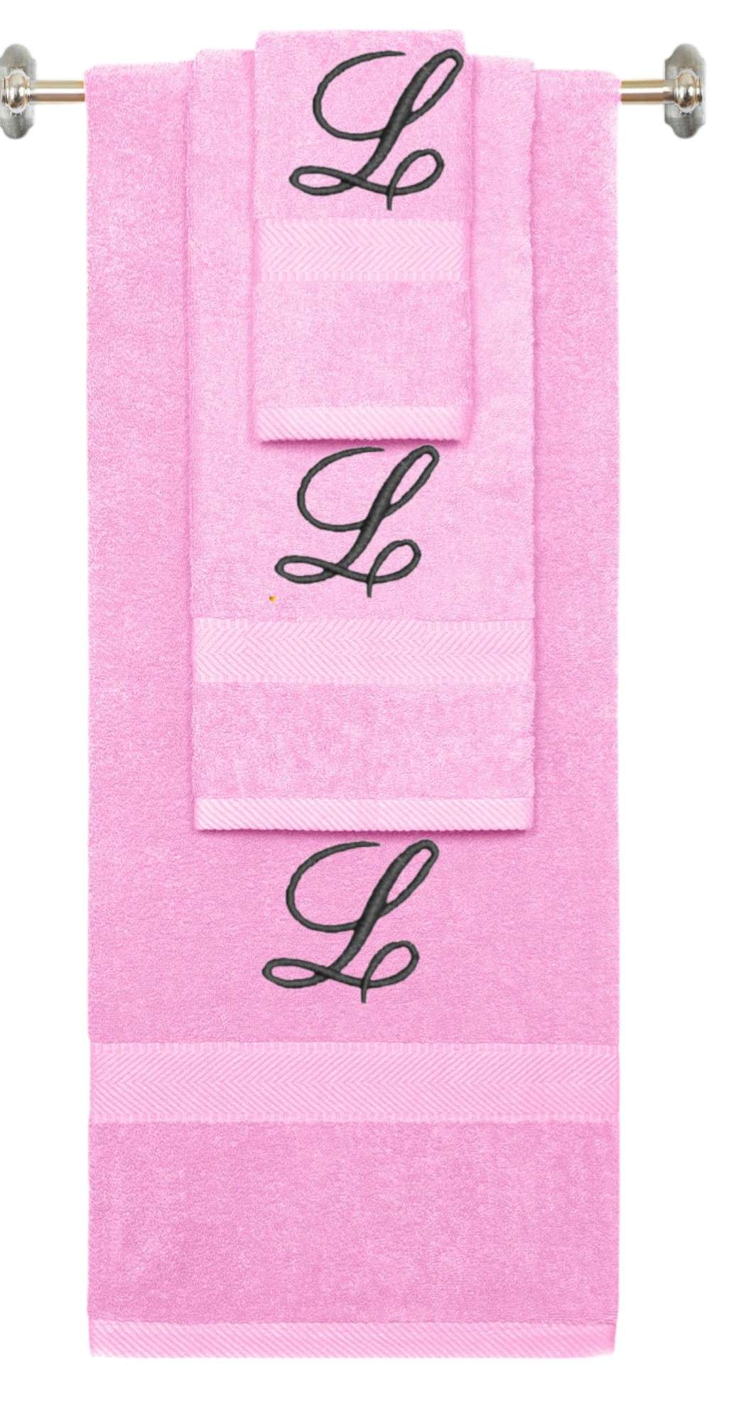 Pink monogrammed towel set with Black thread, Diana Script font, initial L - 540 GSM cotton 3-piece