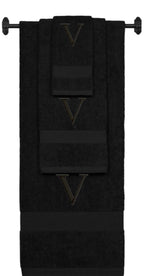 Black monogrammed towel set with Black thread, Times New Roman font, initial V - 540 GSM cotton 3-piece
