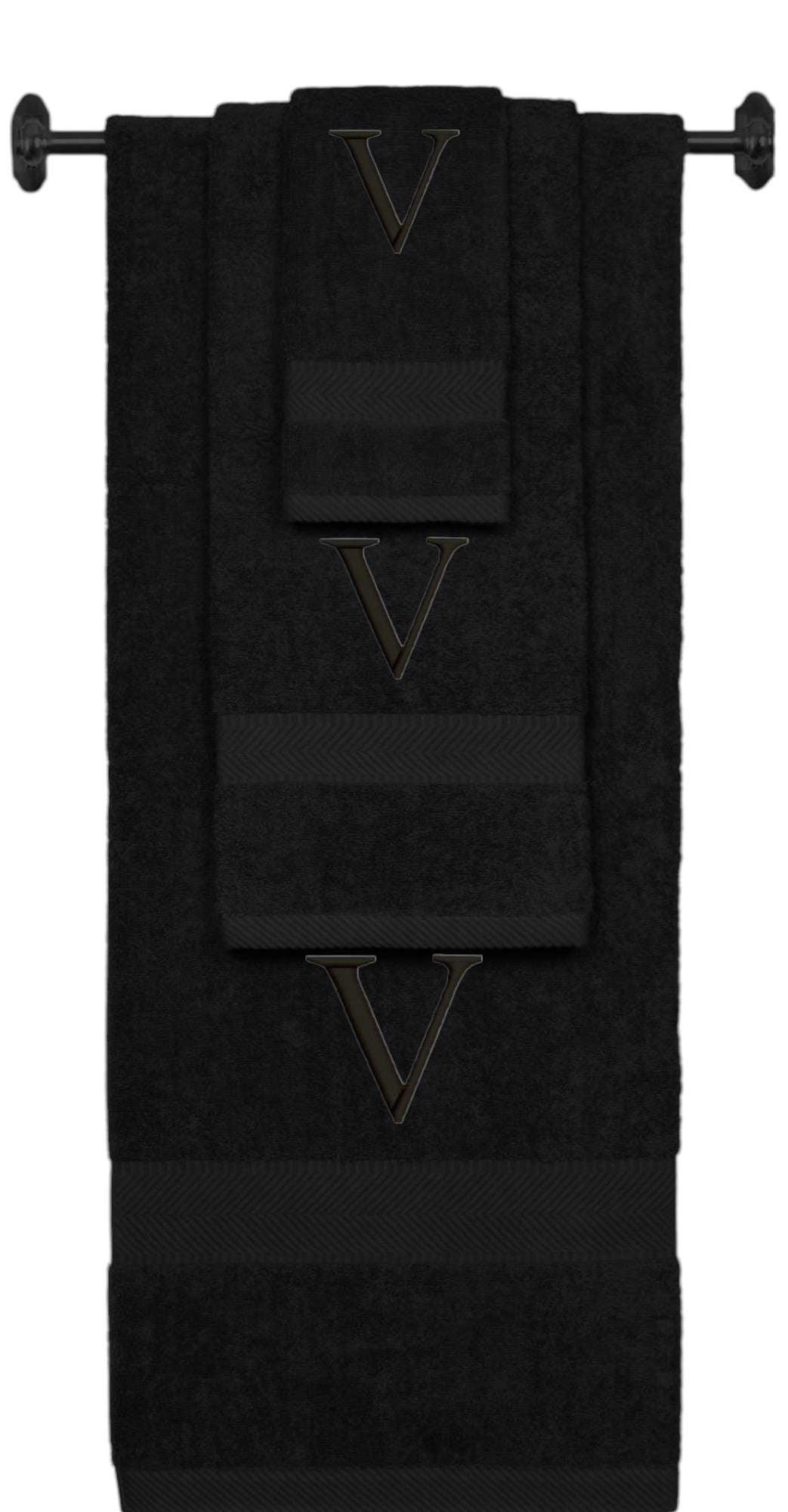 Black monogrammed towel set with Black thread, Times New Roman font, initial V - 540 GSM cotton 3-piece