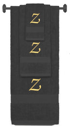 Charcoal monogrammed towel set with Gold thread, Chancery font, initial Z - 540 GSM cotton 3-piece