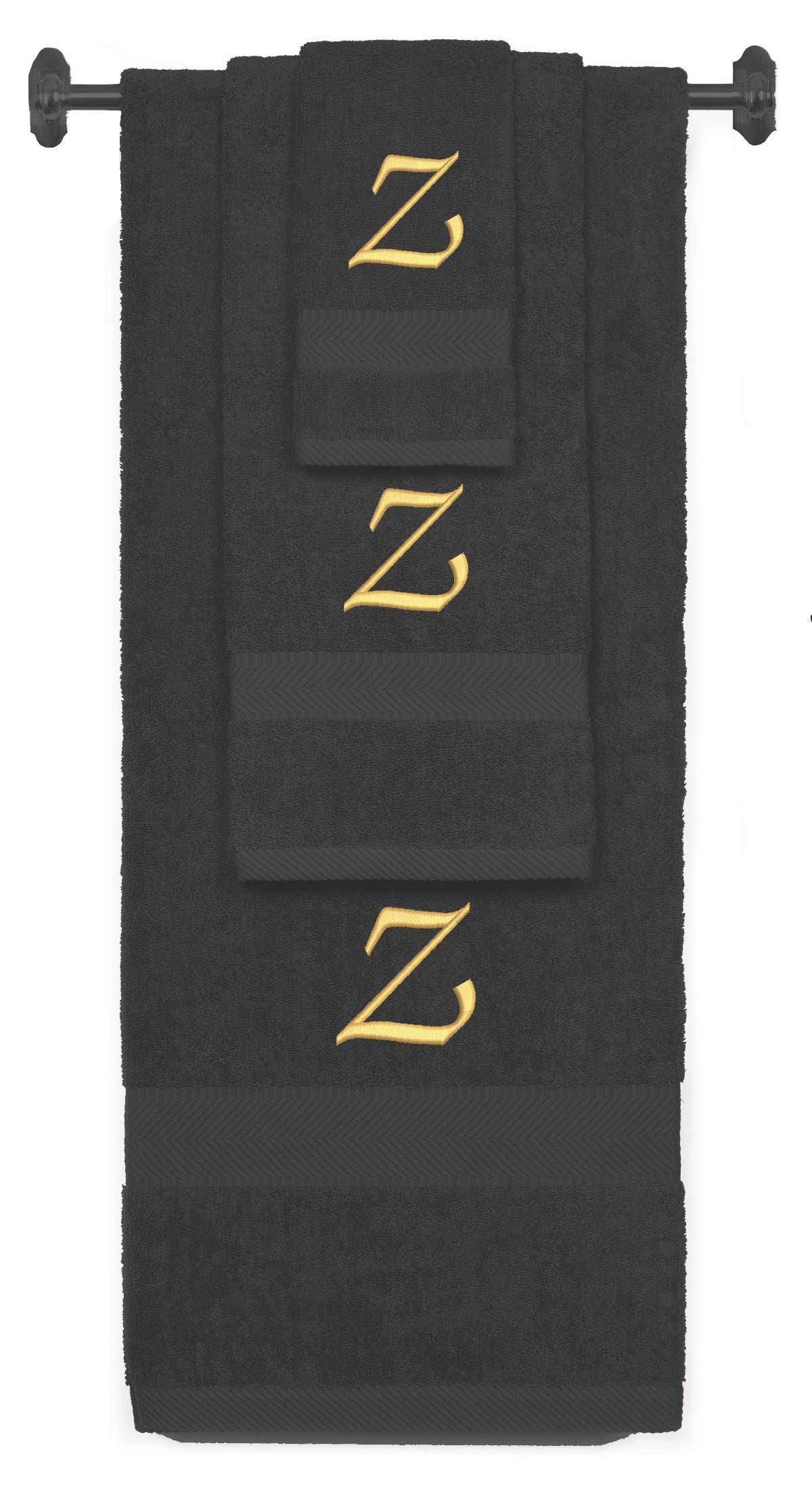 Charcoal monogrammed towel set with Gold thread, Chancery font, initial Z - 540 GSM cotton 3-piece