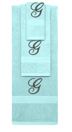 Nautical Teal monogrammed towel set with Black thread, Diana Script font, initial G - 540 GSM cotton 3-piece