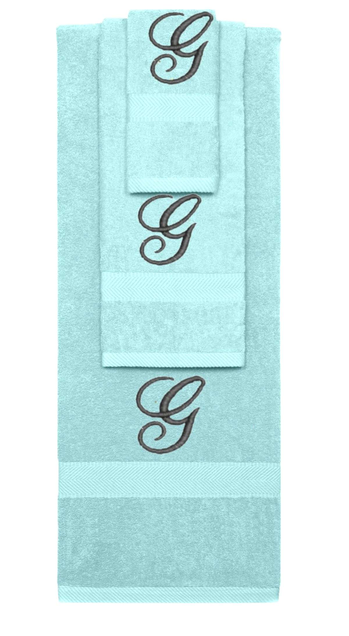 Nautical Teal monogrammed towel set with Black thread, Diana Script font, initial G - 540 GSM cotton 3-piece