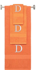 Orange monogrammed towel set with Silver thread, Times New Roman font, initial D - 540 GSM cotton 3-piece