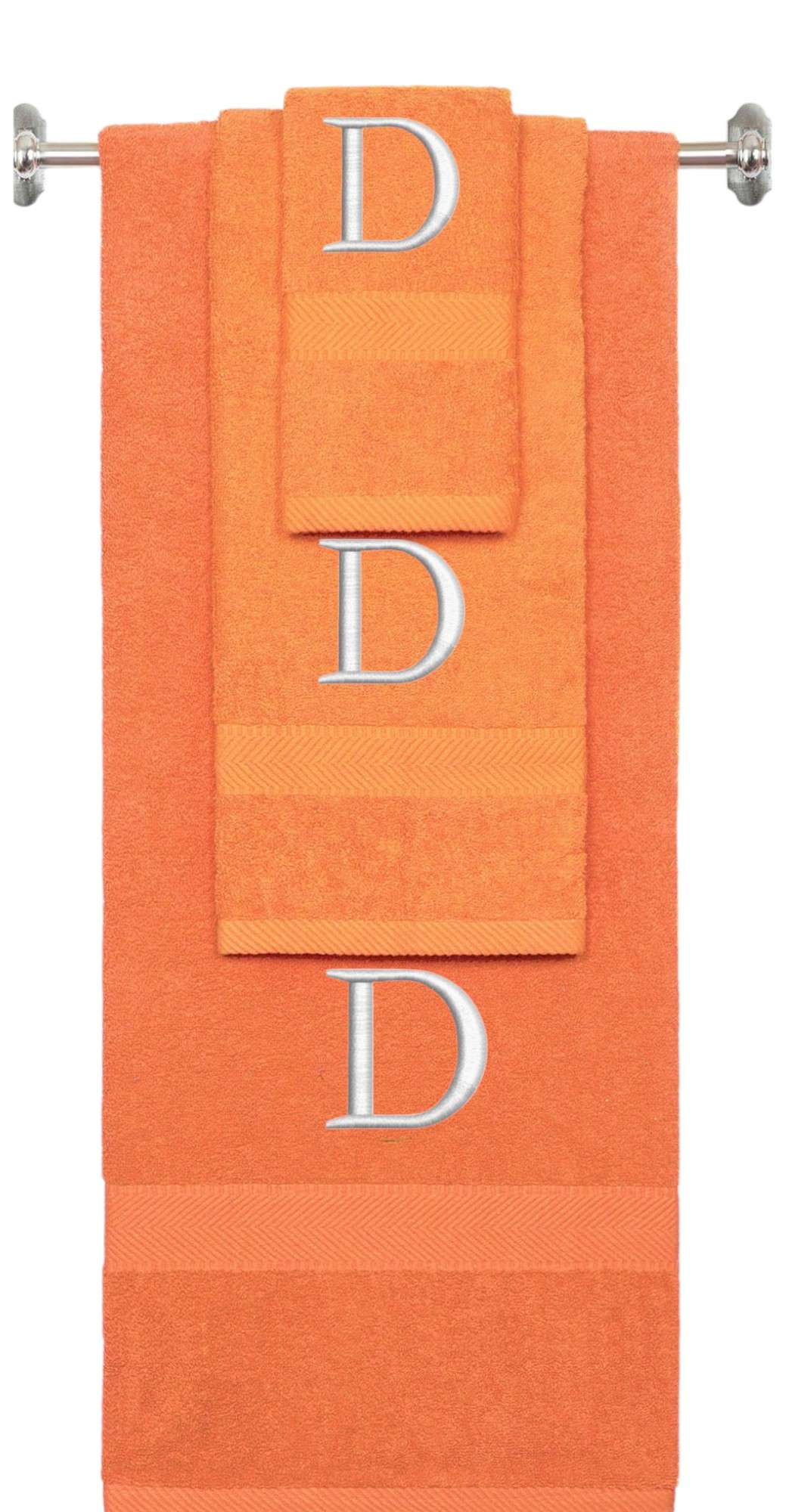 Orange monogrammed towel set with Silver thread, Times New Roman font, initial D - 540 GSM cotton 3-piece