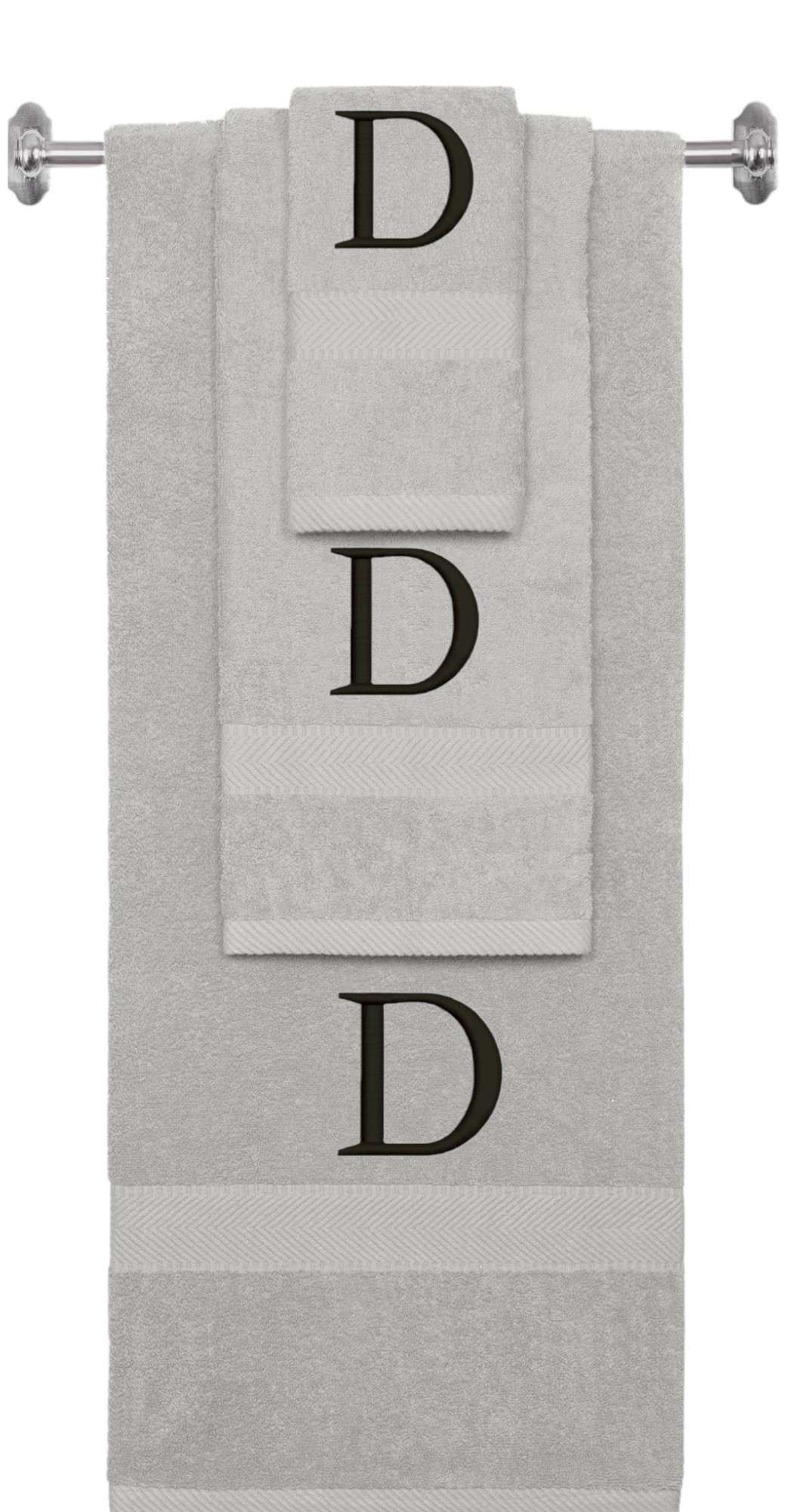 Silver monogrammed towel set with Black thread, Times New Roman font, initial D - 540 GSM cotton 3-piece