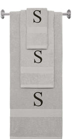 Silver monogrammed towel set with Black thread, Times New Roman font, initial S - 540 GSM cotton 3-piece