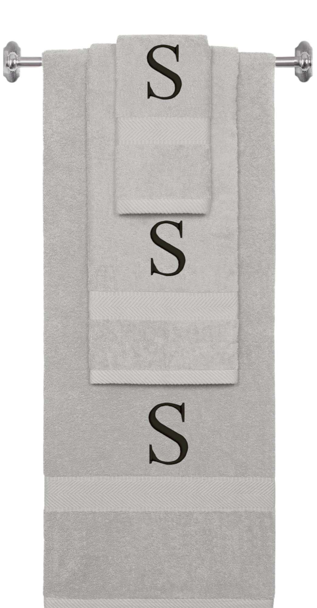 Silver monogrammed towel set with Black thread, Times New Roman font, initial S - 540 GSM cotton 3-piece